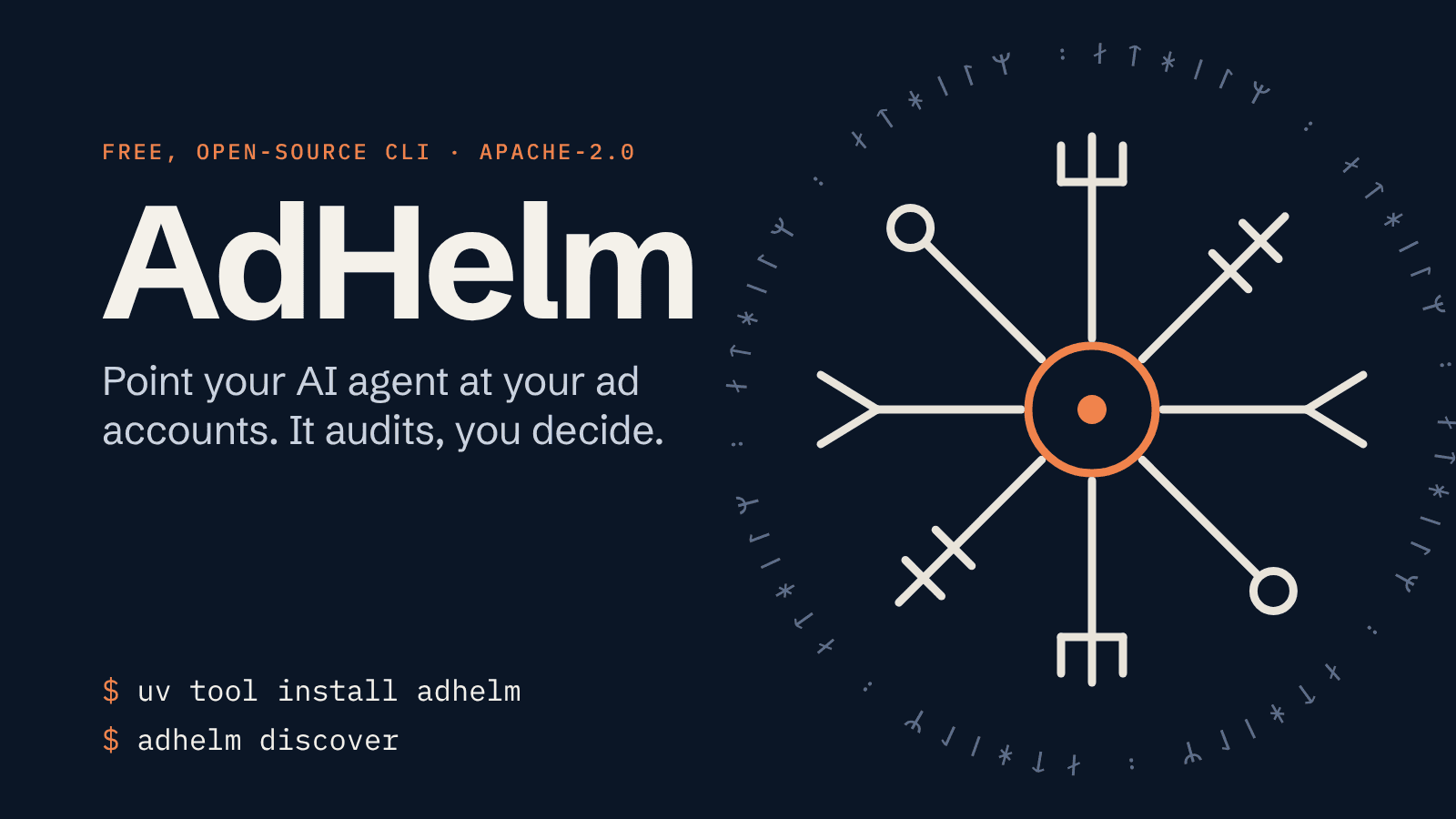AdHelm: point your AI agent at your ad accounts. It audits, you decide. An eight-armed helm stave inside a ring of runes.